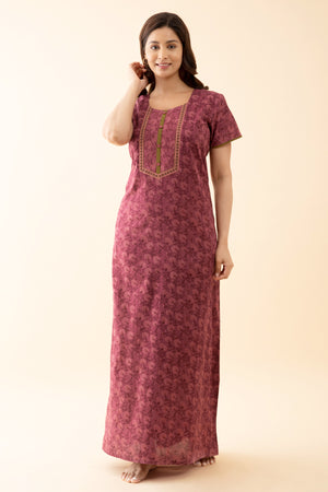 All Over Monochromatic Floral Printed Nighty with Embroidered Yoke Pink
