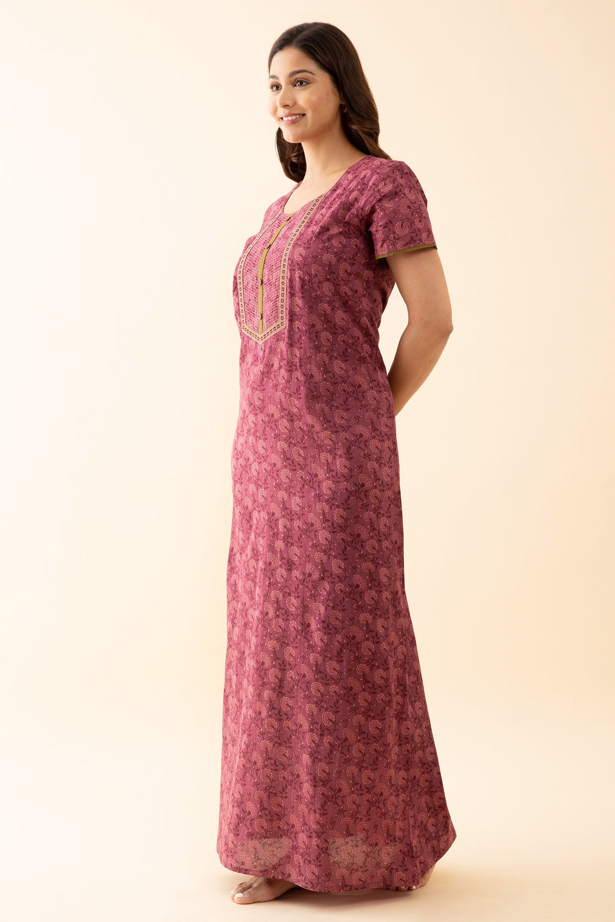 All Over Monochromatic Floral Printed Nighty with Embroidered Yoke Pink
