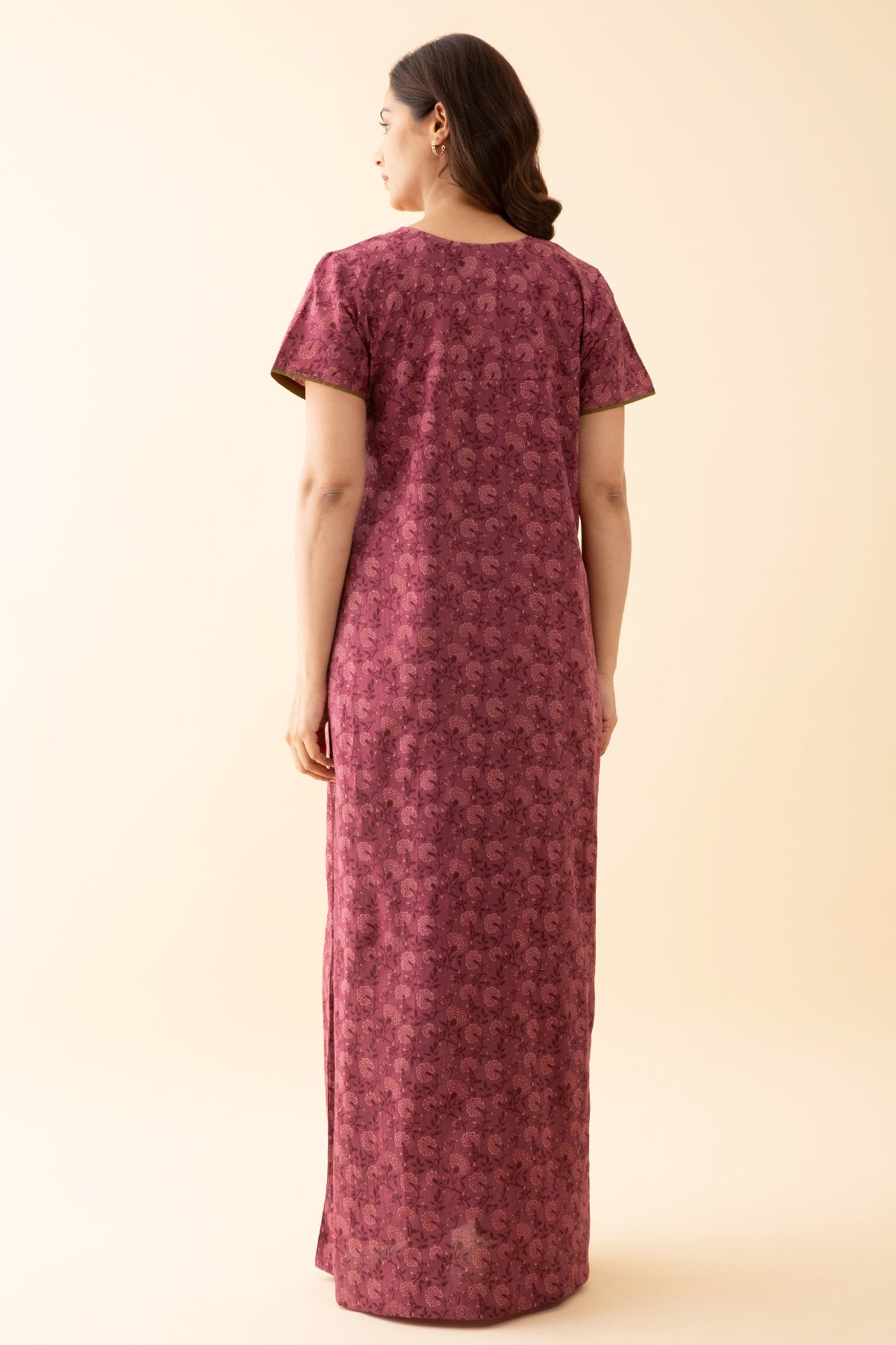 All Over Monochromatic Floral Printed Nighty with Embroidered Yoke Pink
