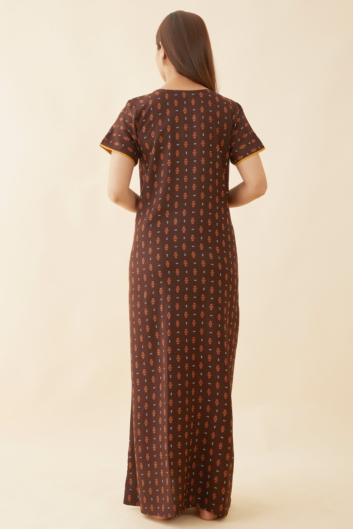 All Over Geometric Print With Contrast Embroidered Yoke Nighty - Brown