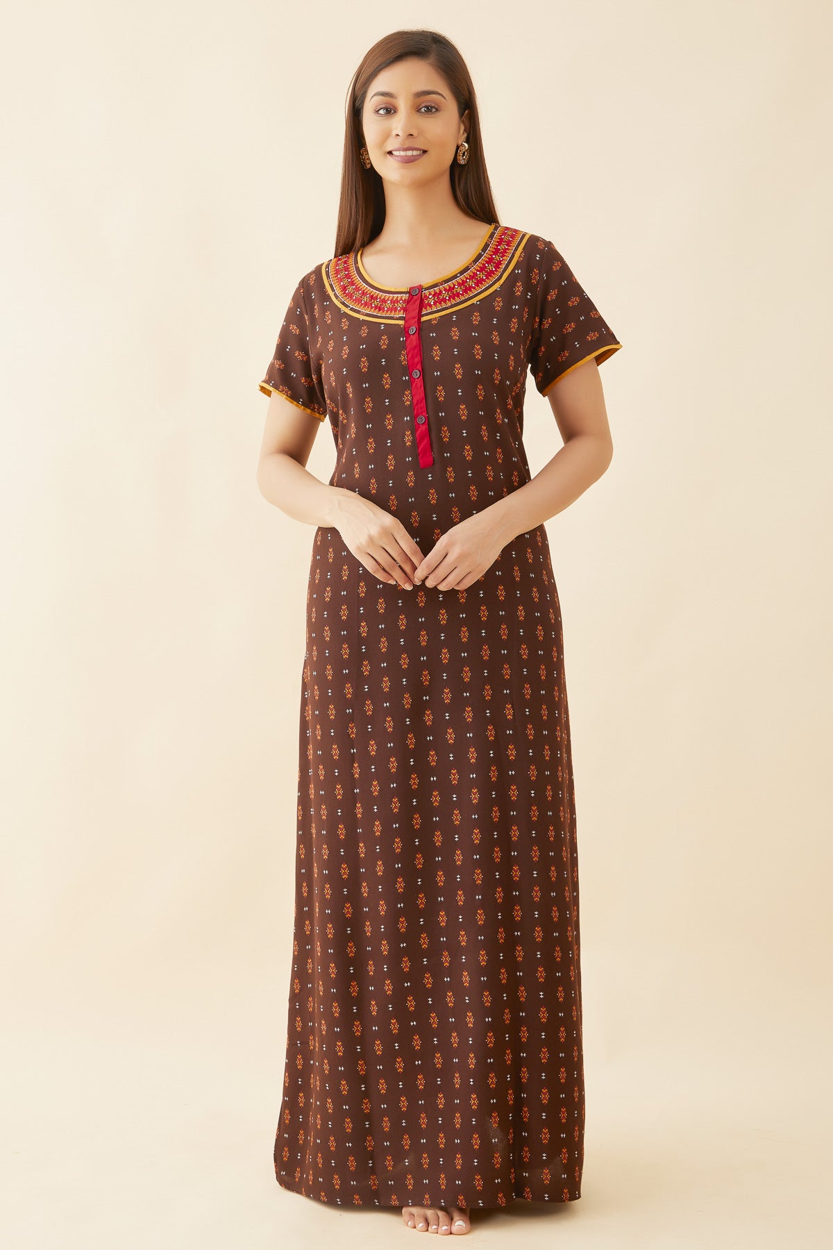 All Over Geometric Print With Contrast Embroidered Yoke Nighty - Brown