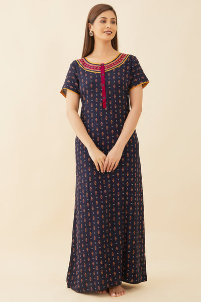 All Over Geometric Print With Contrast Embroidered Yoke Nighty - Navy