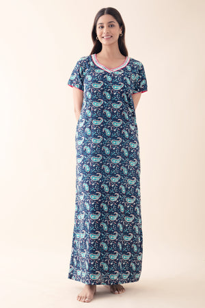 Paisley Printed Cotton Nighty - Navy Blue