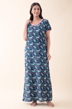 Paisley Printed Cotton Nighty - Navy Blue