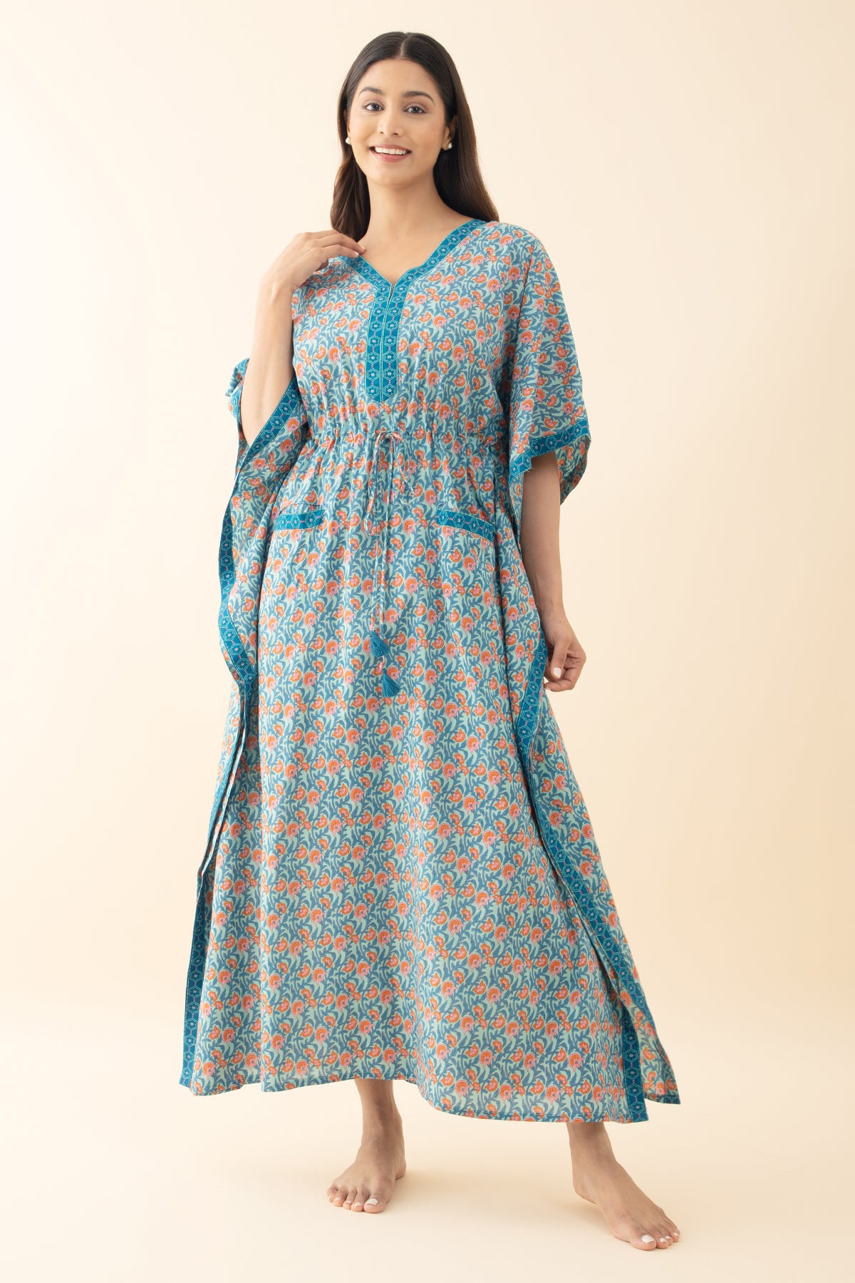 Floral Printed Kaftan with Waist tie-up - Blue