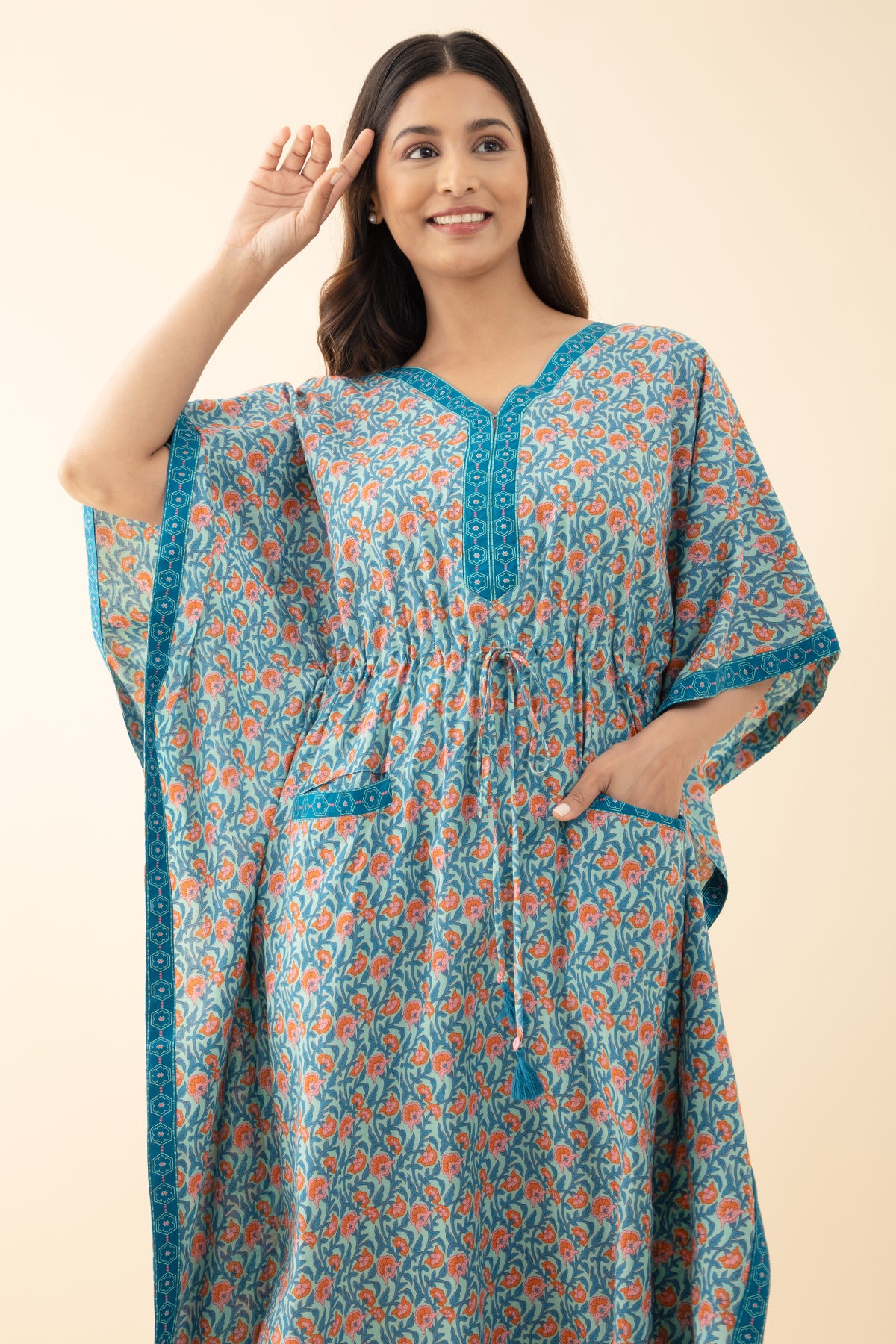 Floral Printed Kaftan with Waist tie-up - Blue