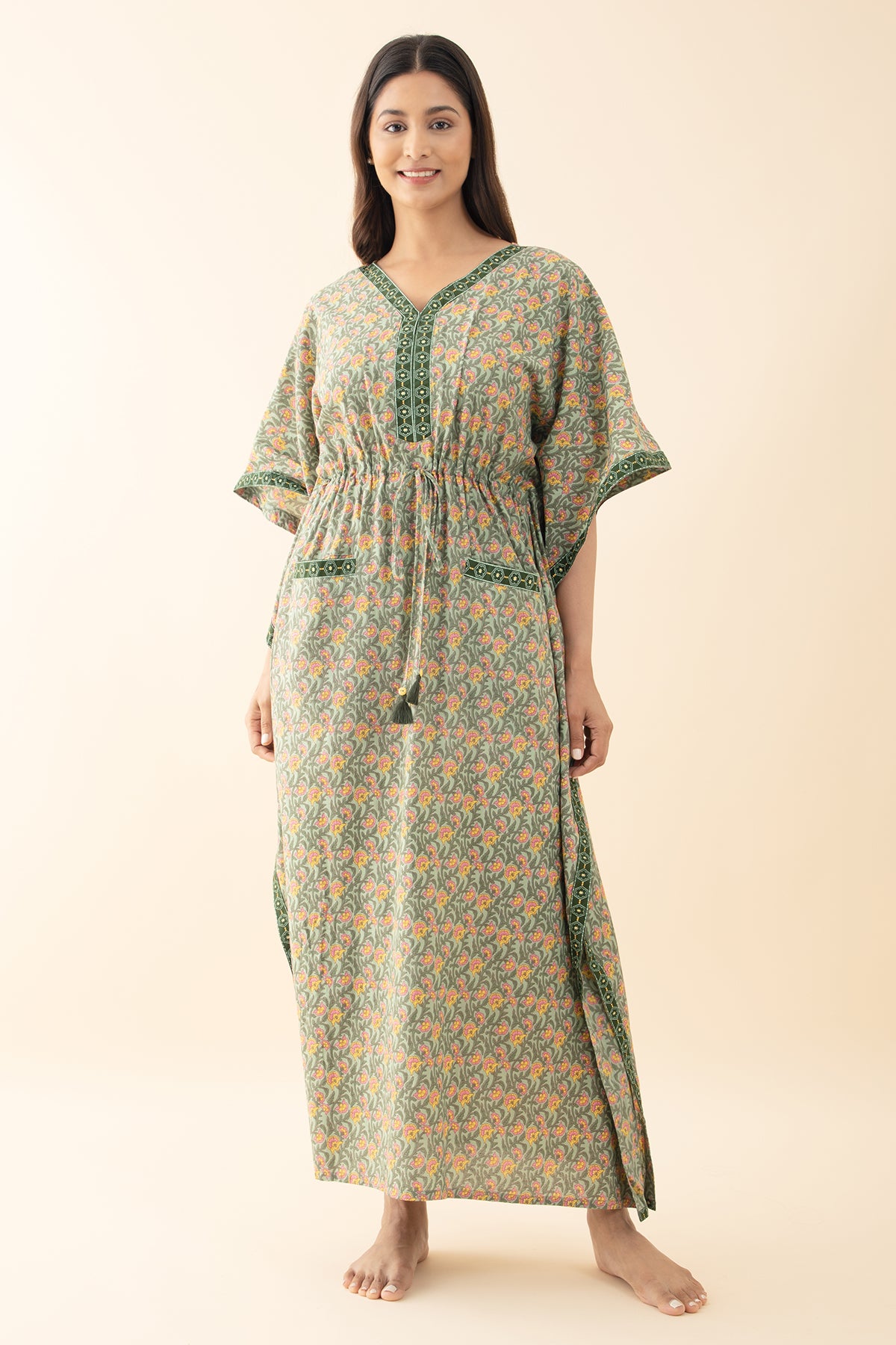 Floral Printed Kaftan with Waist tie-up - Green