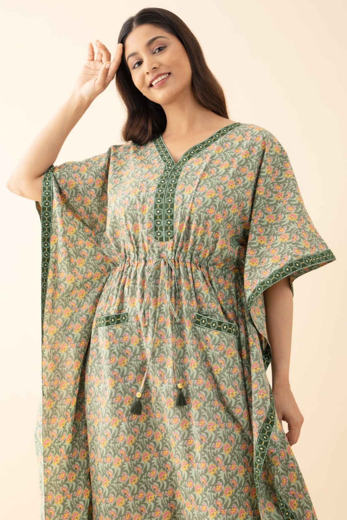 Floral Printed Kaftan with Waist tie-up - Green