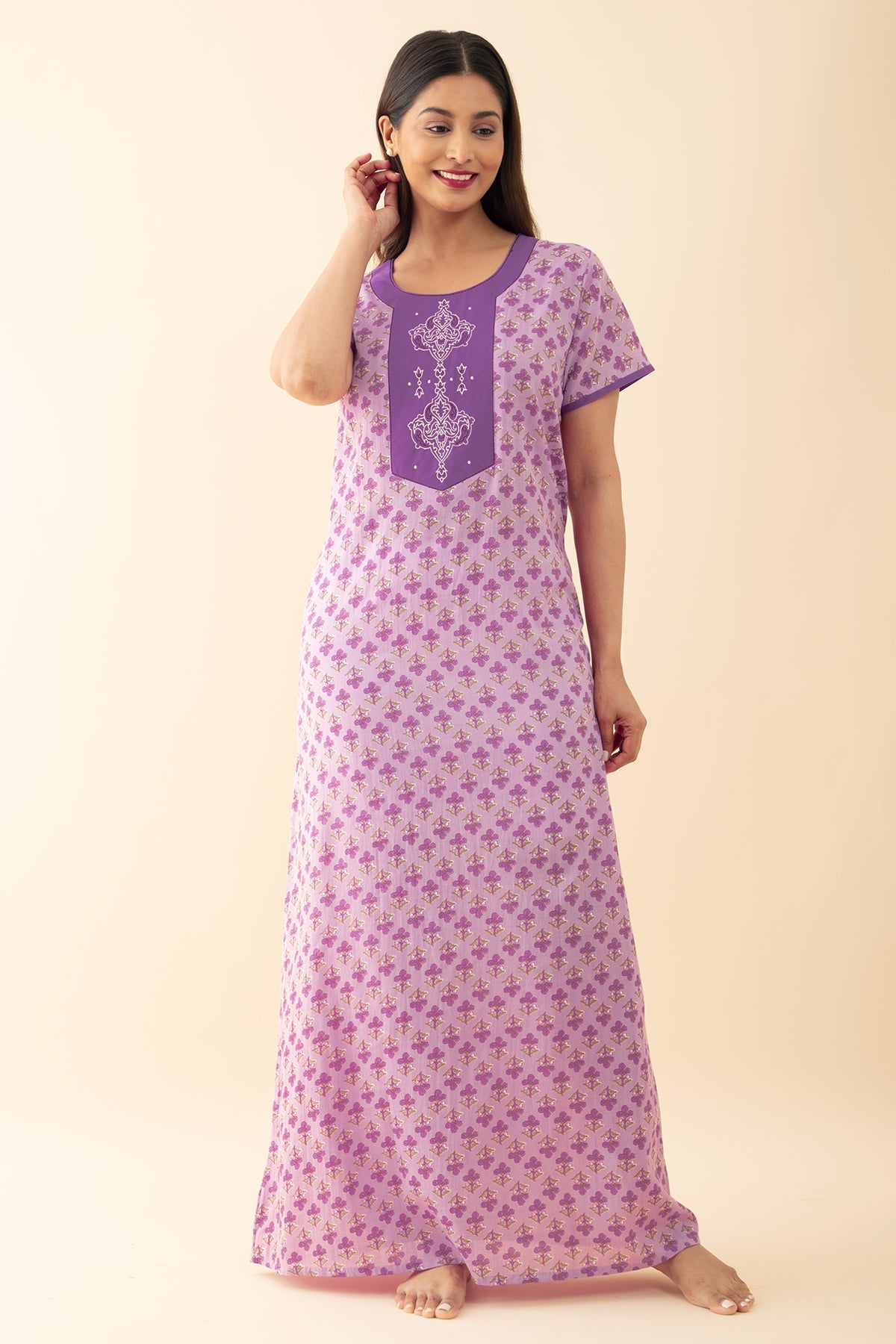 Floral Printed Nighty - Purple