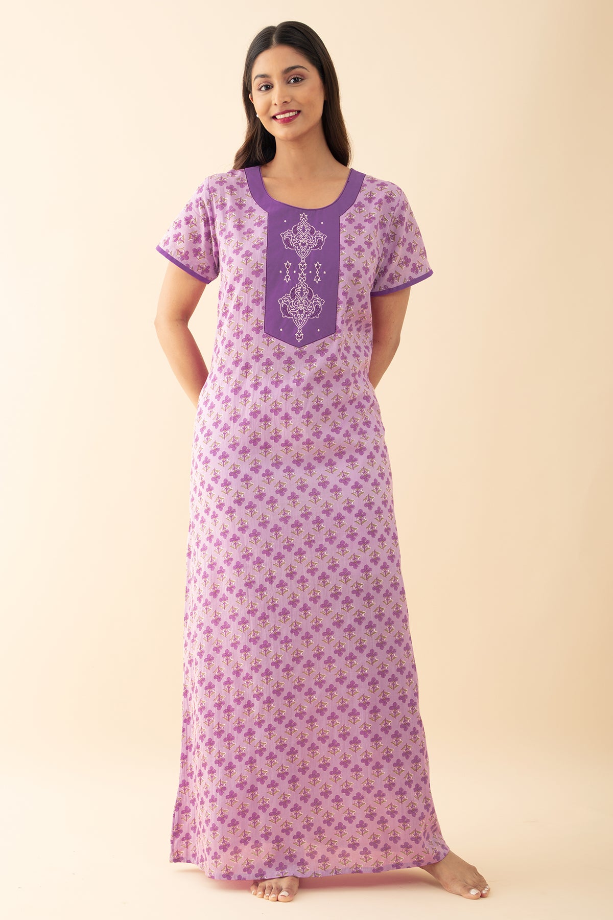 Floral Printed Nighty - Purple