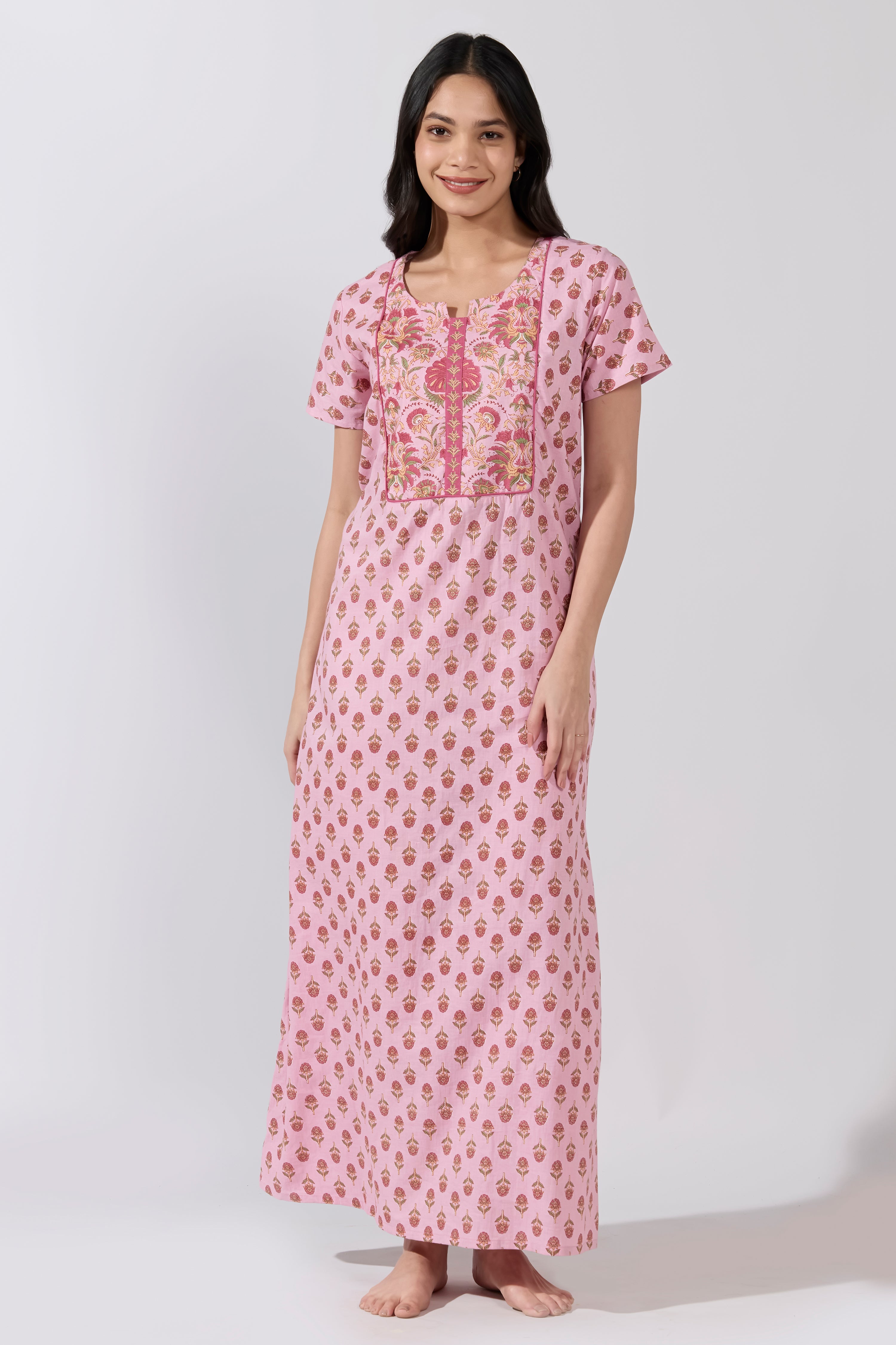 Pink Floral Printed Cotton Nightwear