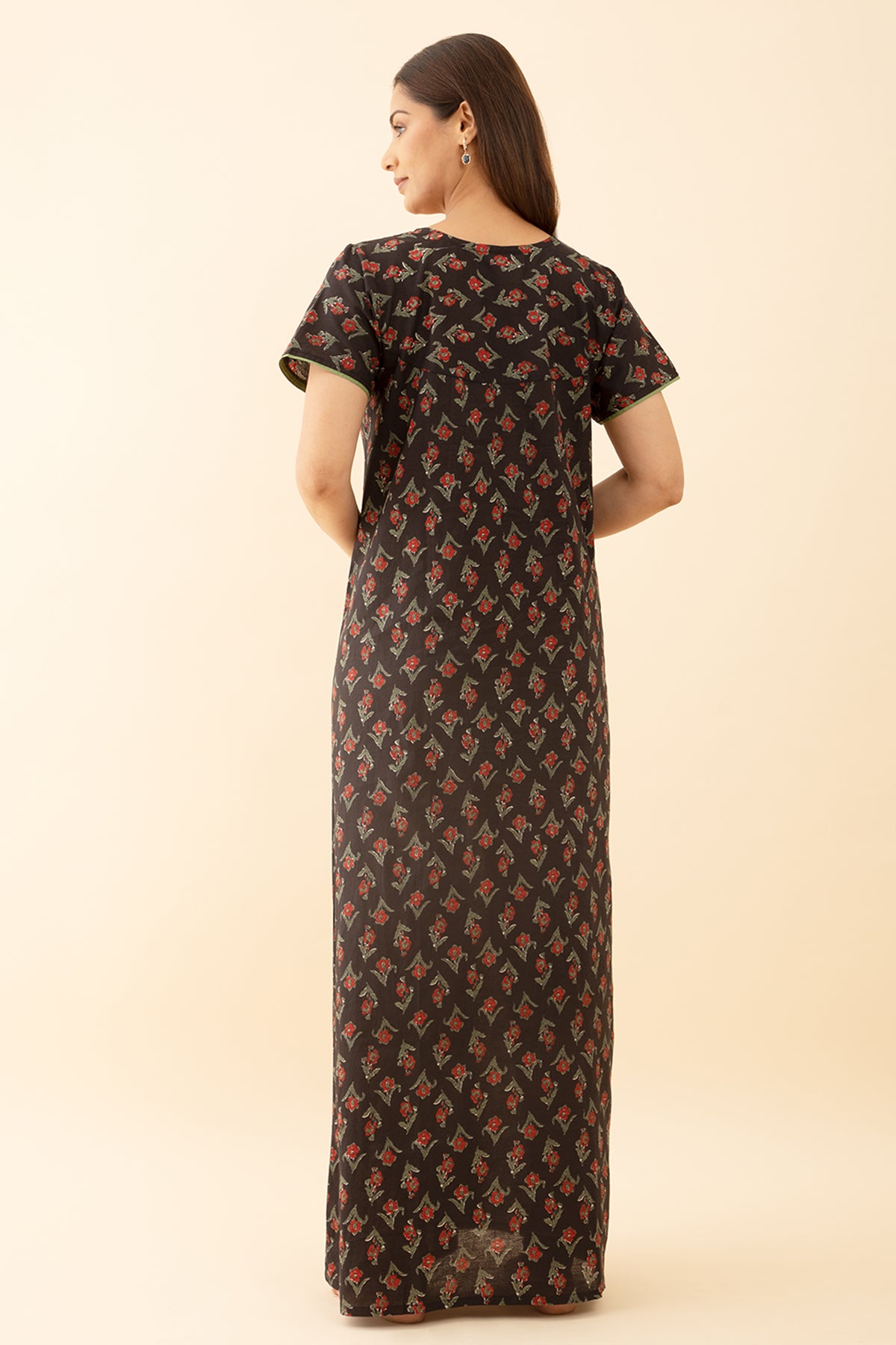Black Cotton Nighty with Printed and Embroidery