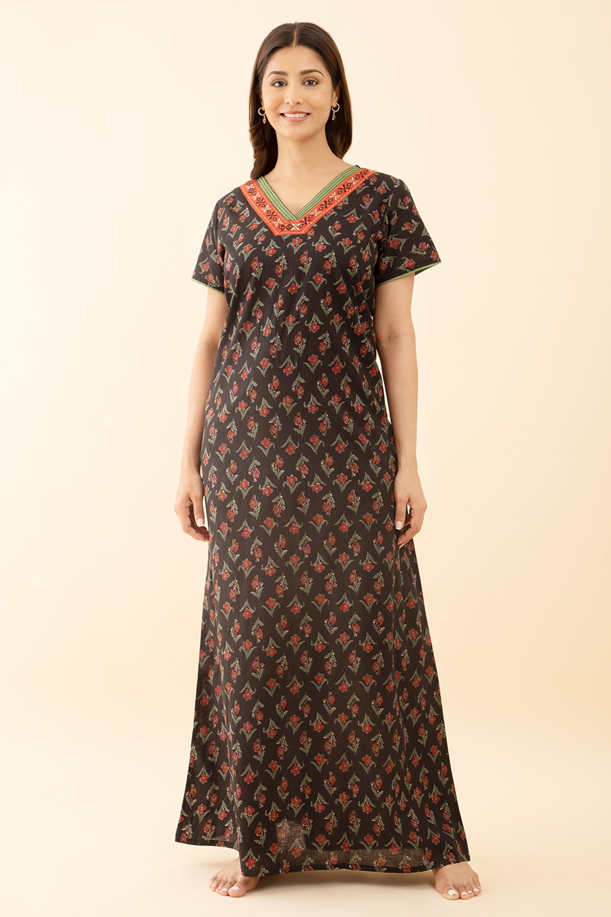 Black Cotton Nighty with Printed and Embroidery