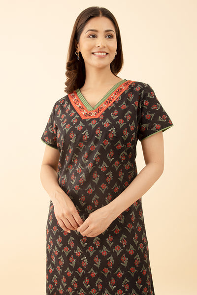 Black Cotton Nighty with Printed and Embroidery