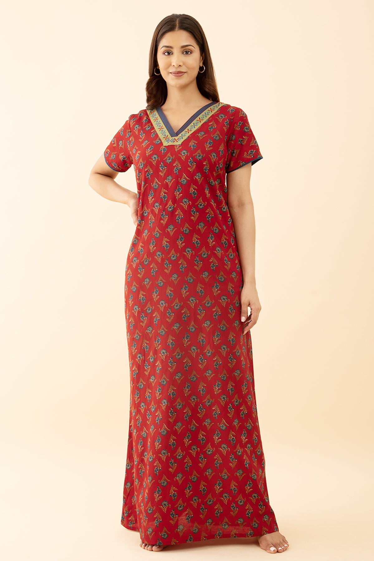 Red Floral Cotton Nighty with Embroidered Pattern