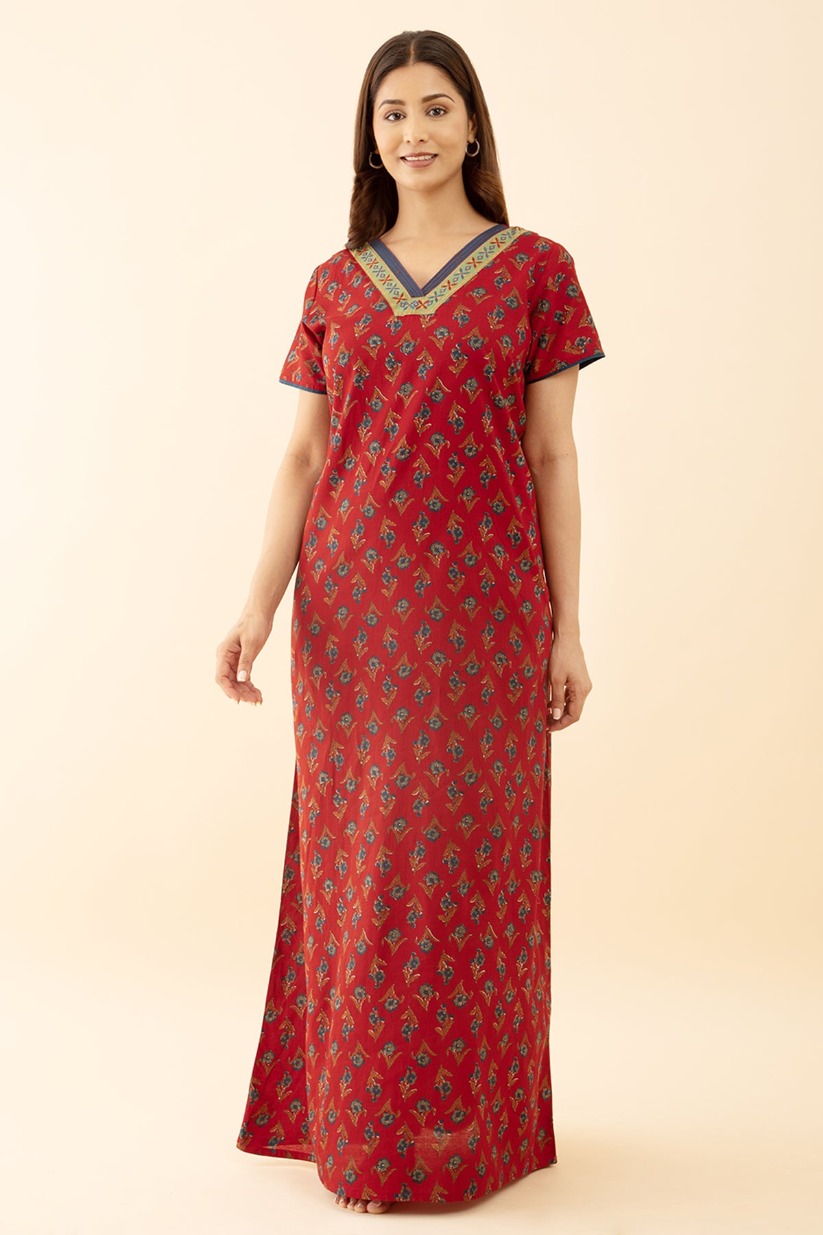 Red Floral Cotton Nighty with Embroidered Pattern