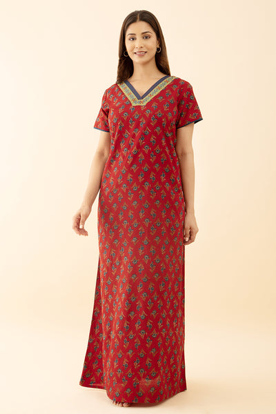 Red Floral Cotton Nighty with Embroidered Pattern