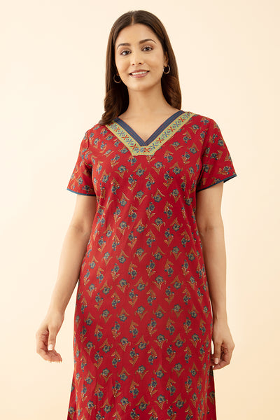 Red Floral Cotton Nighty with Embroidered Pattern