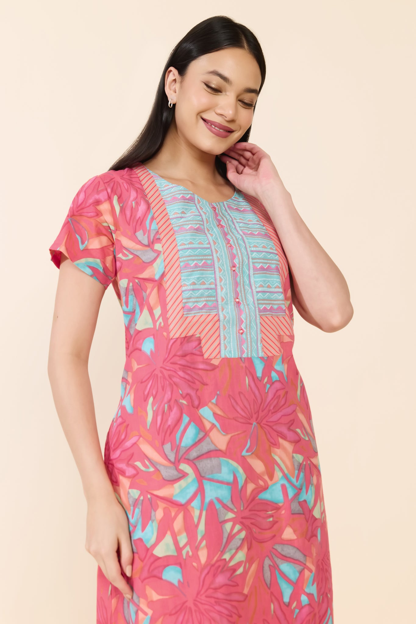 PINK ABSTRACT FLORAL COTTON NIGHTWEAR