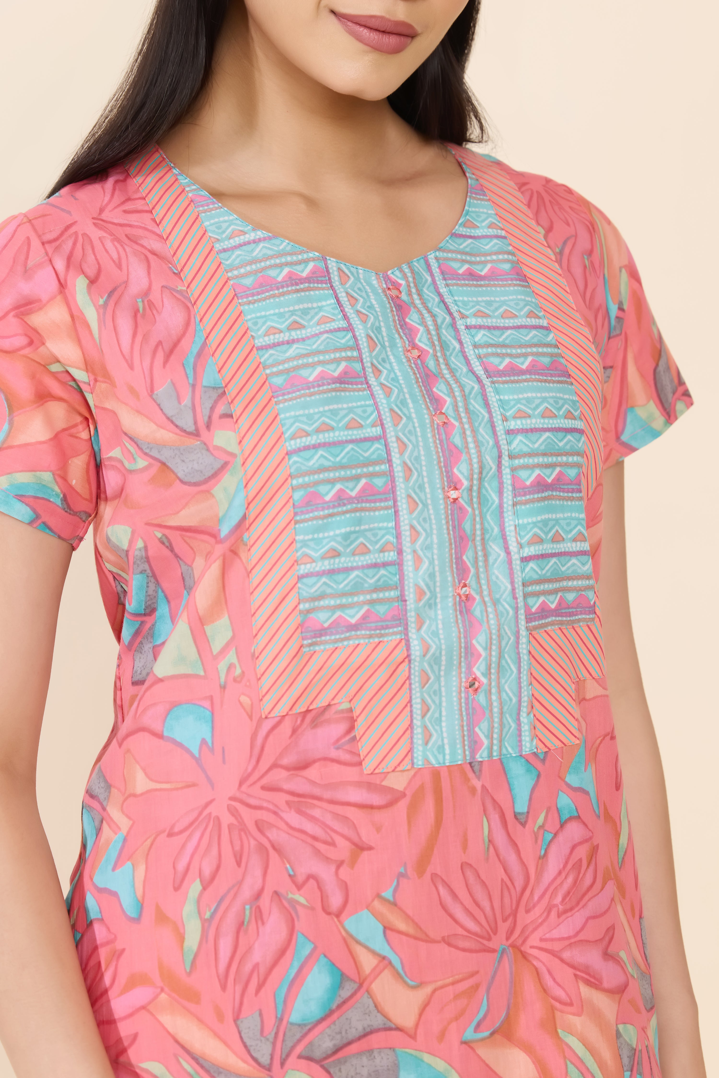 PINK ABSTRACT FLORAL COTTON NIGHTWEAR