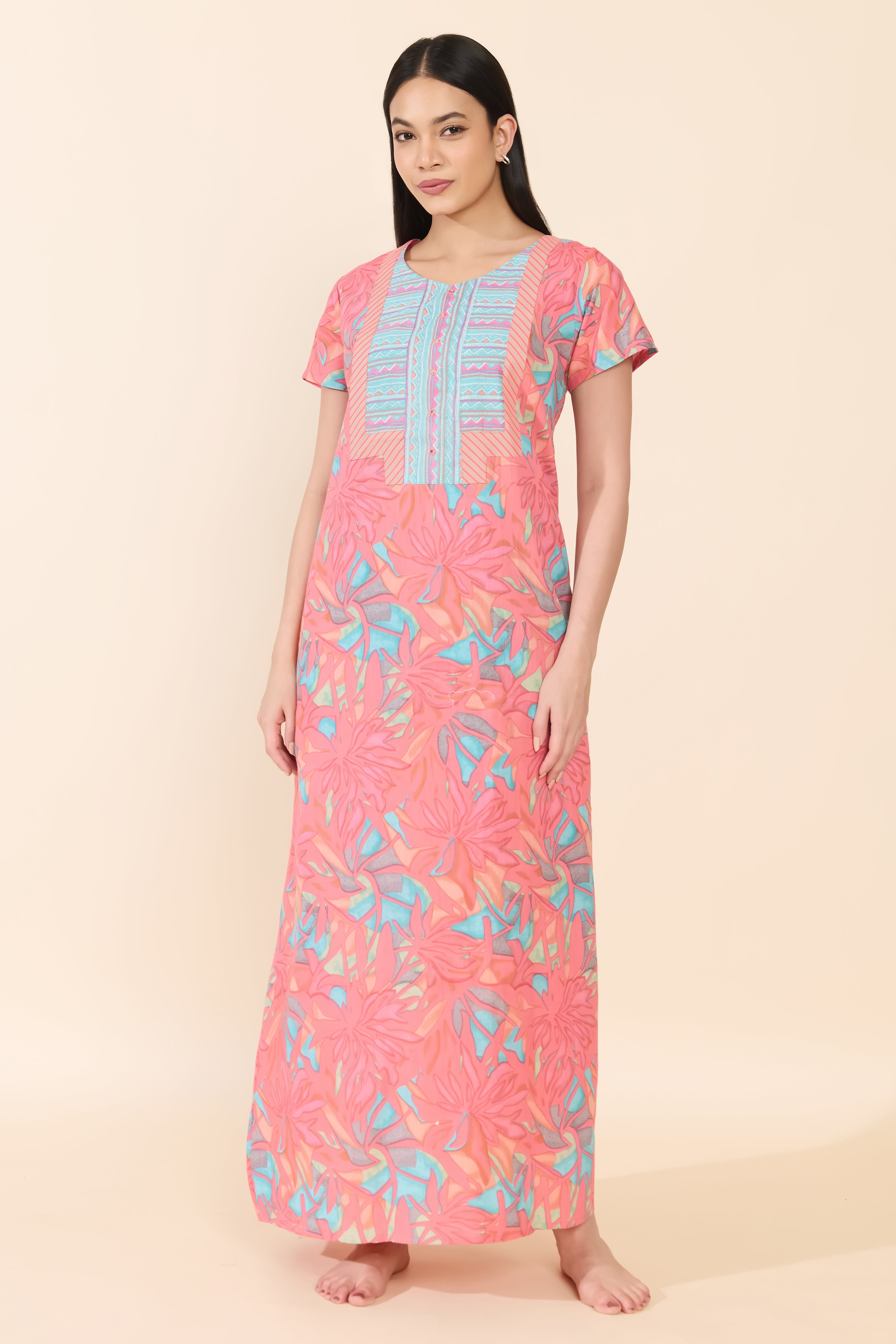 PINK ABSTRACT FLORAL COTTON NIGHTWEAR