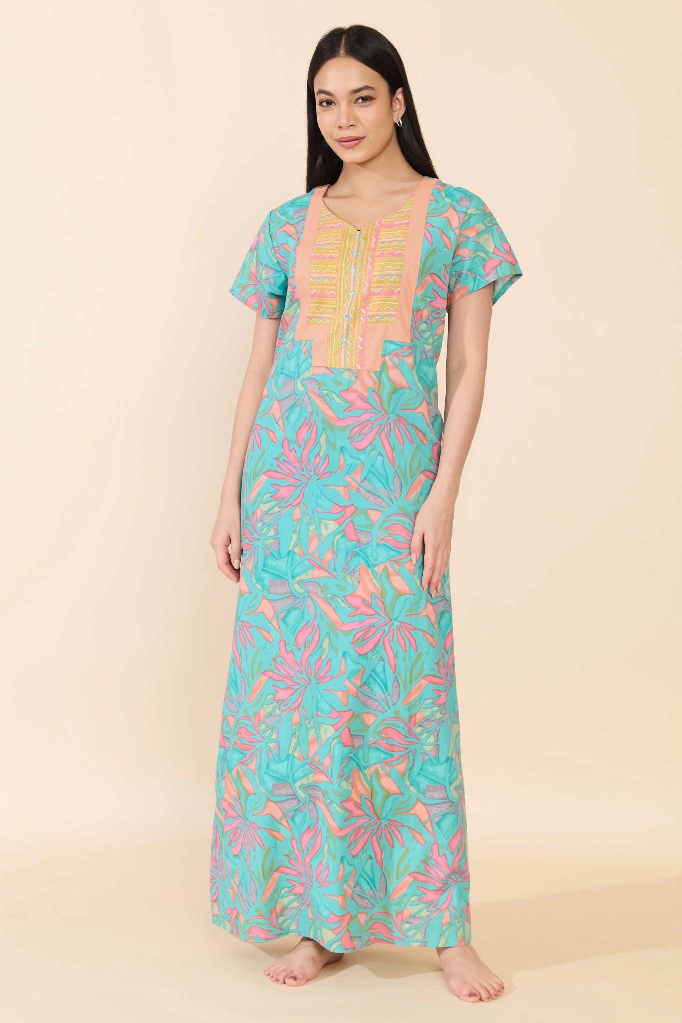 TURQUOISE ABSTRACT FLORAL COTTON NIGHTWEAR