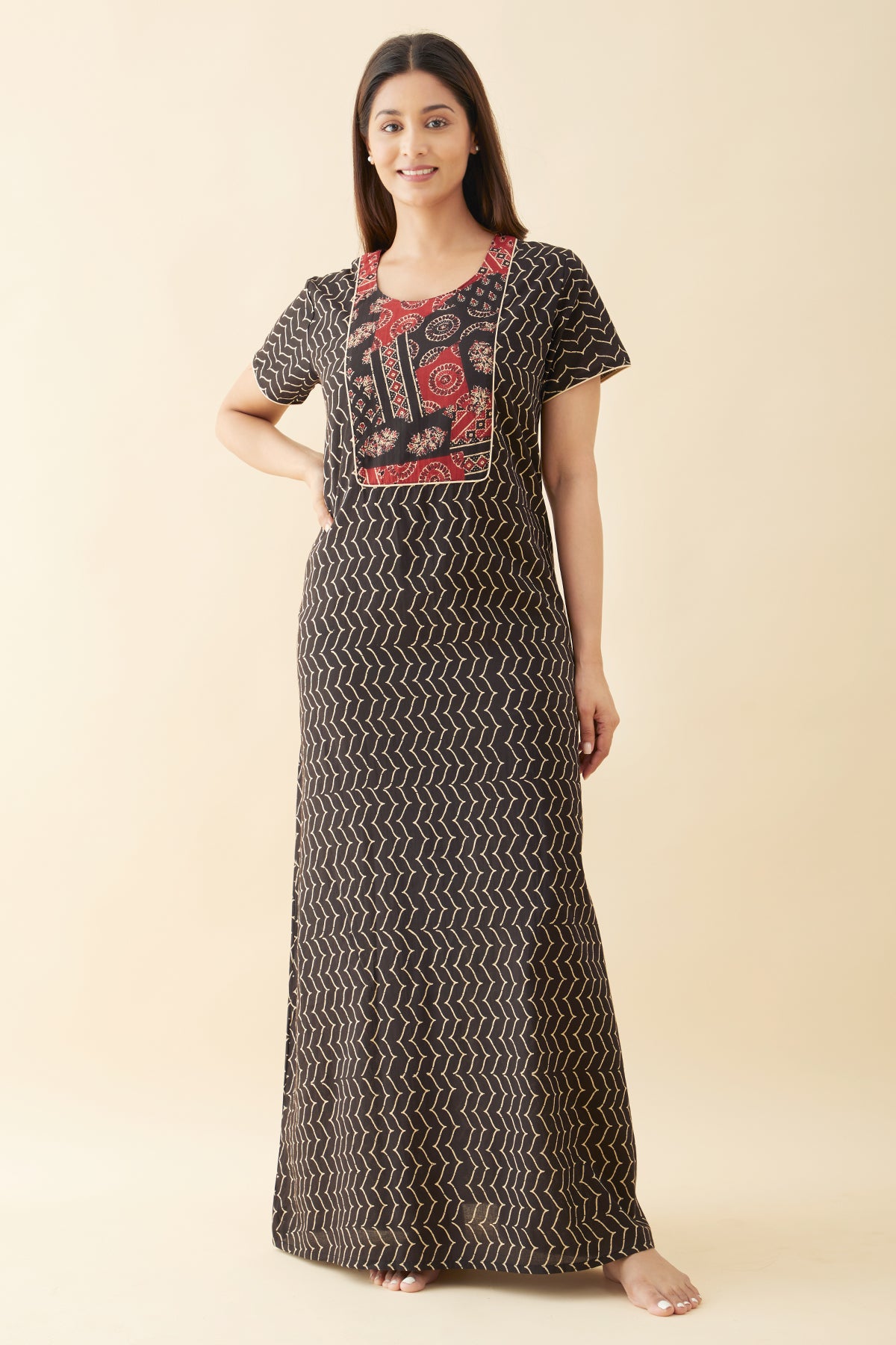 Ajrakh Printed Yoke Patchwork Nighty red