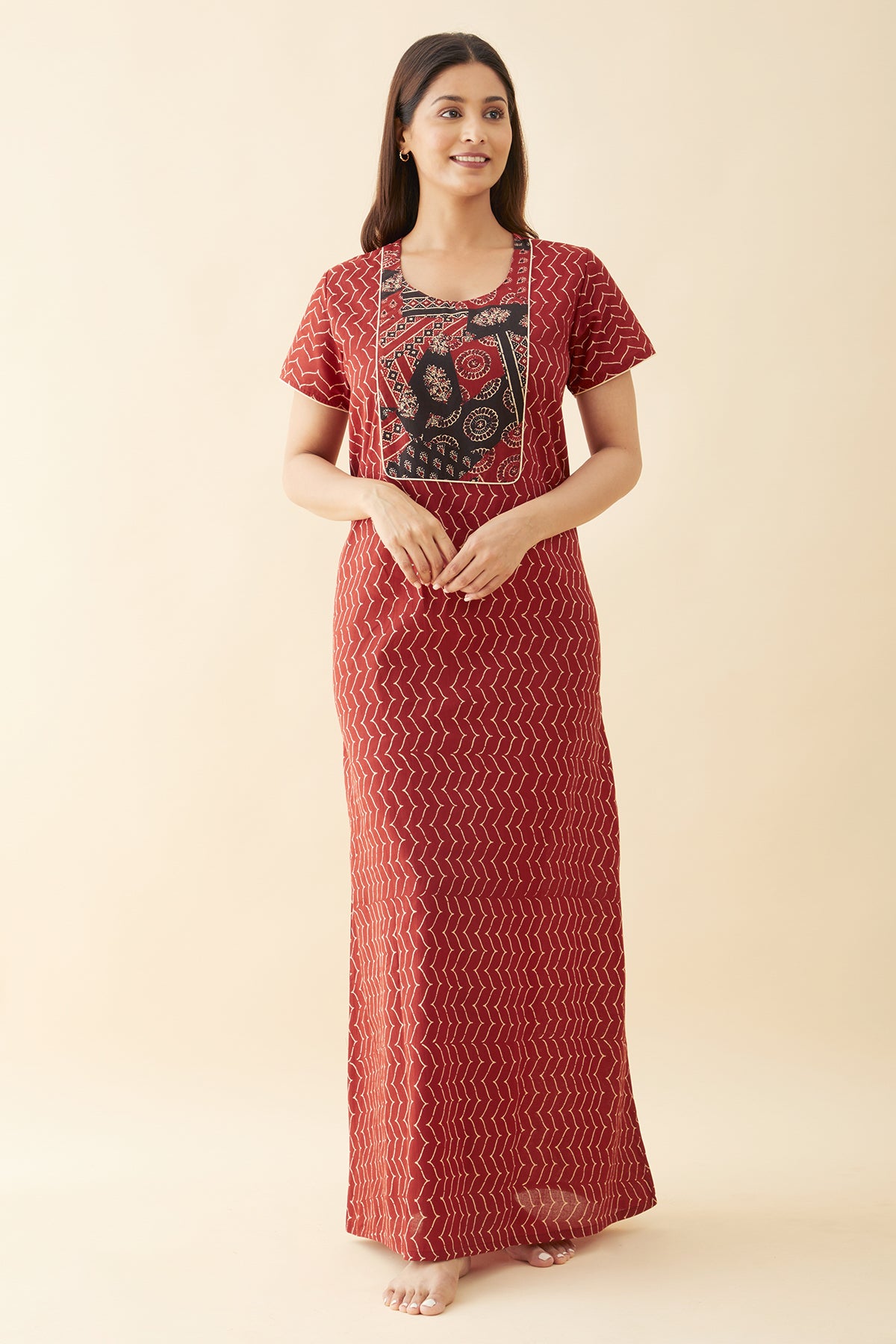 Ajrakh Printed Yoke Patchwork Nighty Red