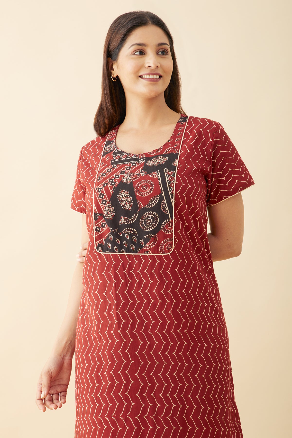 Ajrakh Printed Yoke Patchwork Nighty - Red