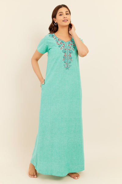 Solid With Floral Embroidered Yoke Nighty - Green