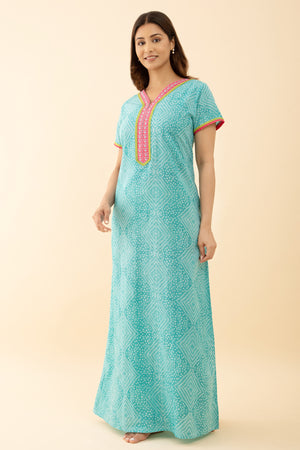 Blue Color Cotton Nighty with Stylish Embroidery