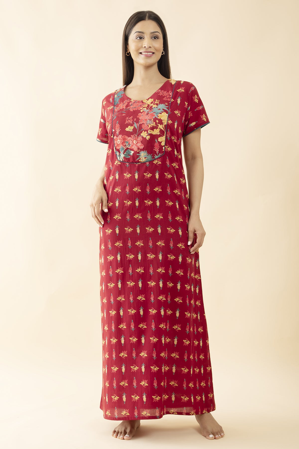 Floral Printed Cotton Nighty - Maroon