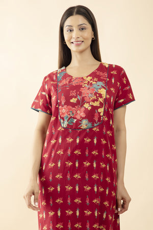 Floral Printed Cotton Nighty - Maroon