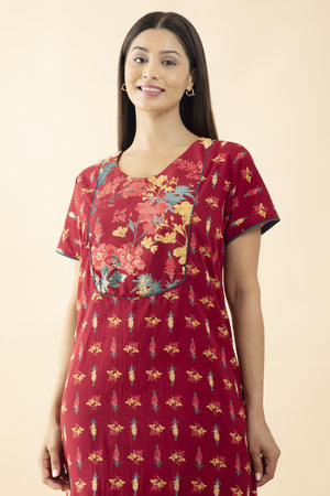 Floral Printed Cotton Nighty - Maroon