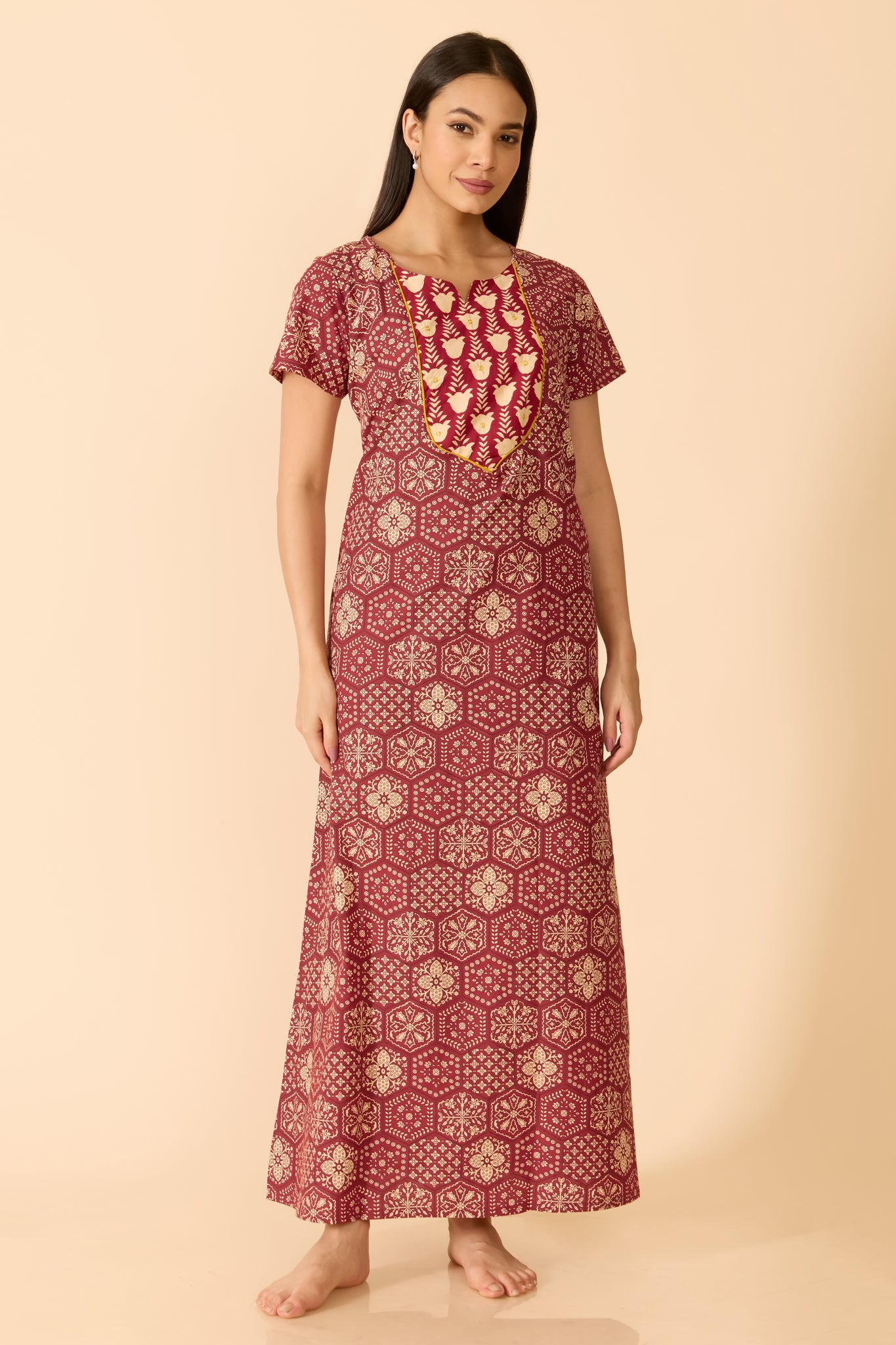 MAROON FLORAL COTTON NIGHTWEAR