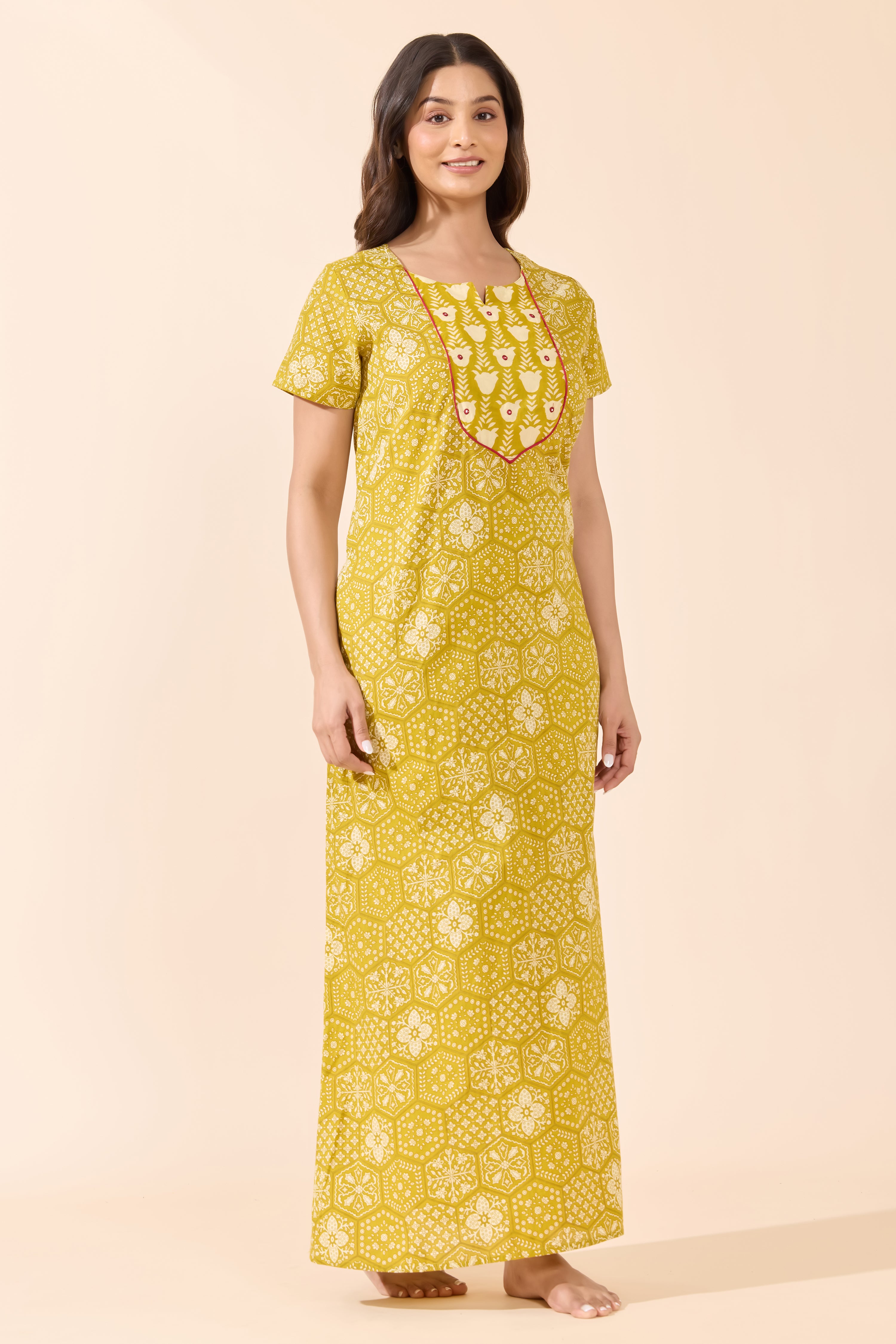 Mustard Geometric Floral Cotton Nightwear