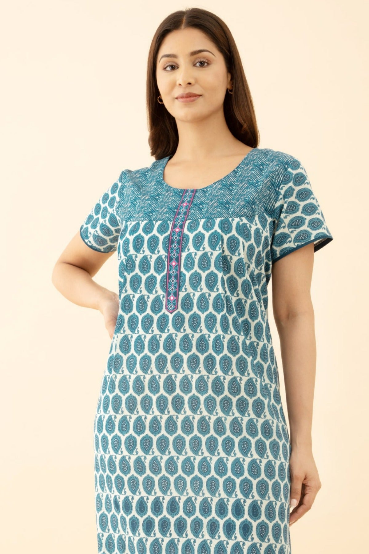 Foil Mirror Embellished Blue Nighty Paisley Printed
