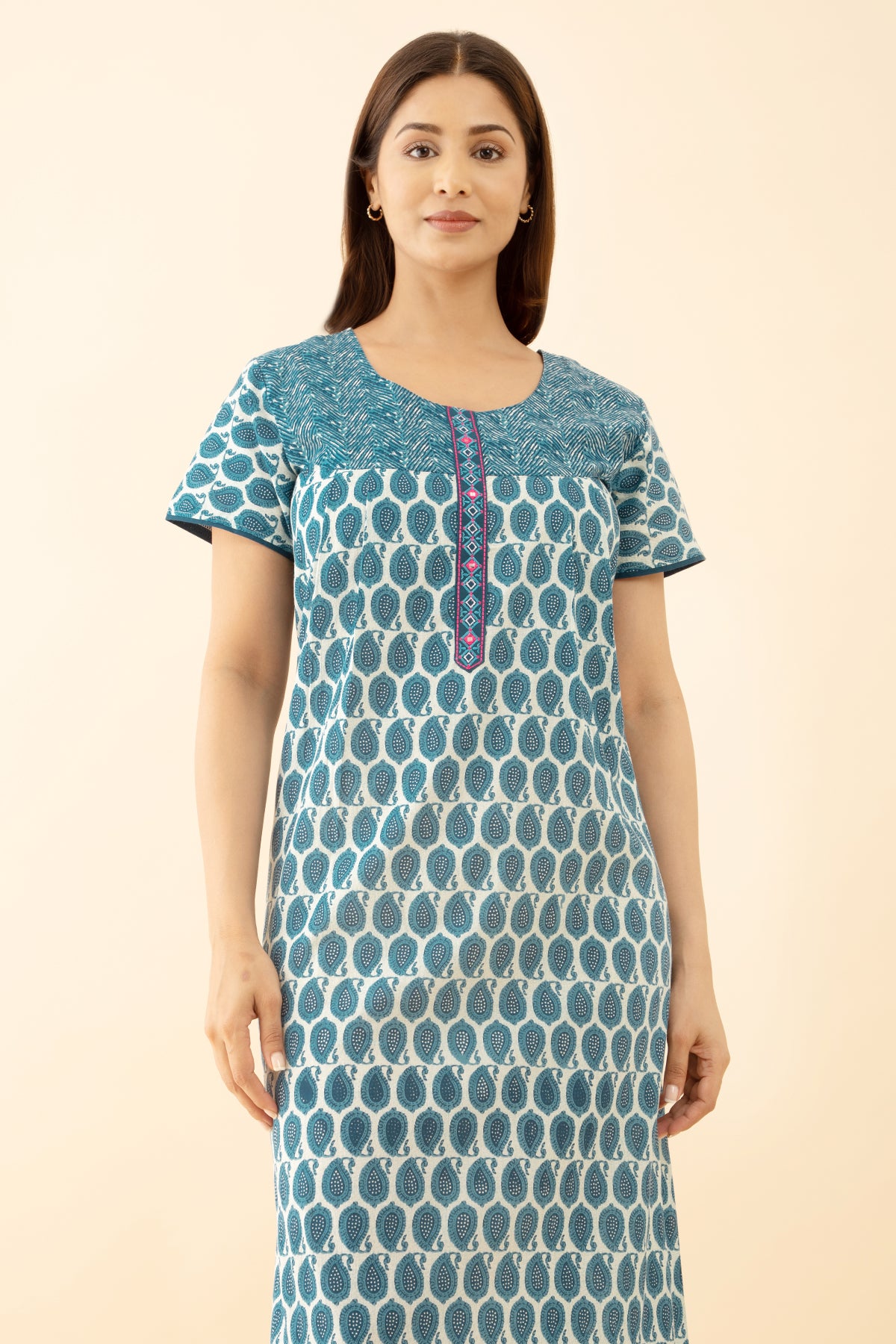 Foil Mirror Embellished Blue Nighty Paisley Printed
