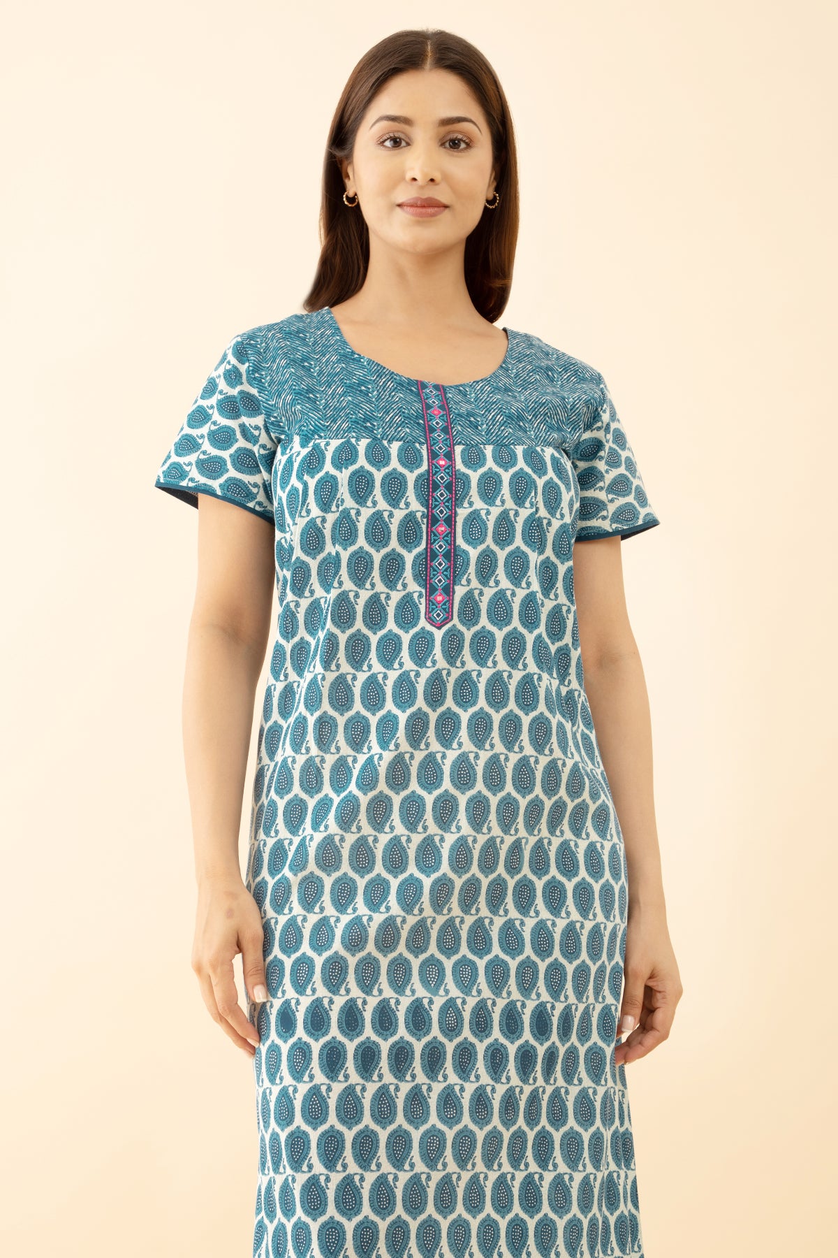 Foil Mirror Embellished Blue Nighty Paisley Printed