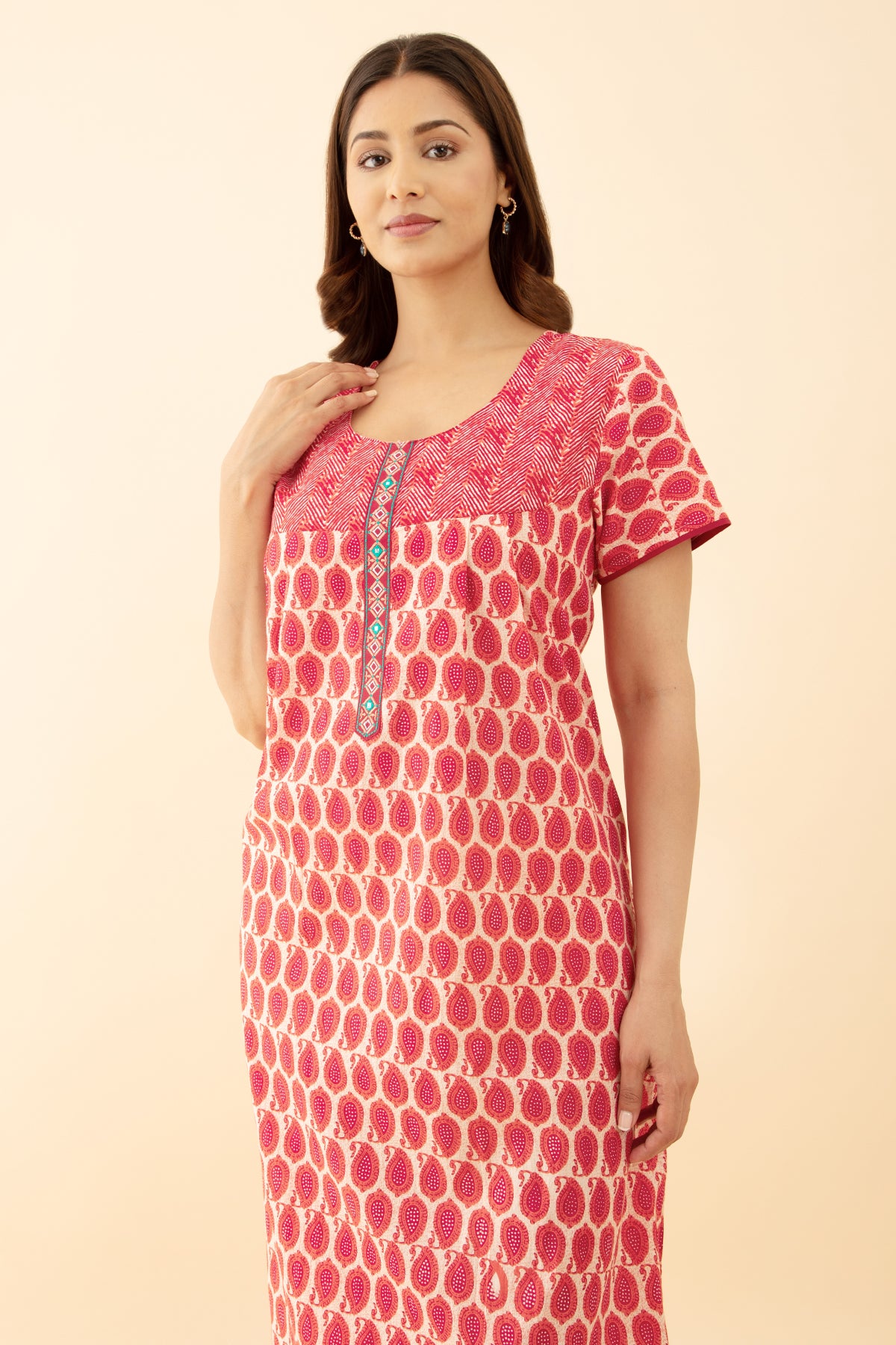 Paisley Red Printed Embroidered Nighty