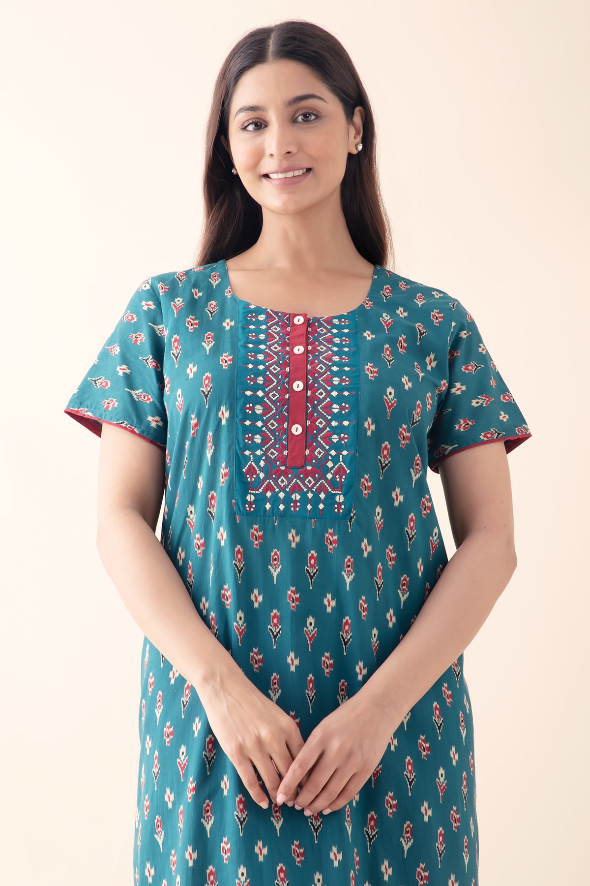 Geometric Floral Printed & Embroidered Nighty - Teal Blue