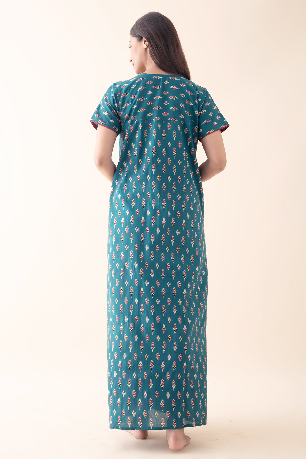 Geometric Floral Printed & Embroidered Nighty - Teal Blue