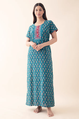 Geometric Floral Printed & Embroidered Nighty - Teal Blue