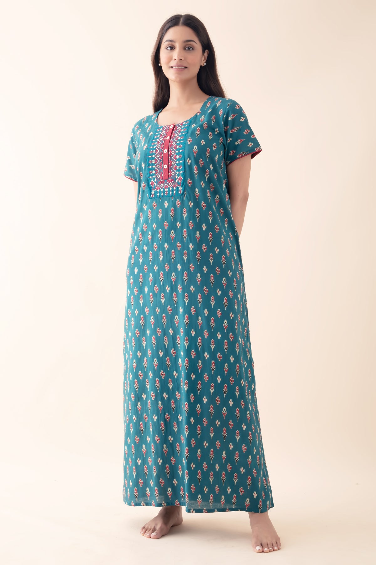 Geometric Floral Printed & Embroidered Nighty - Teal Blue