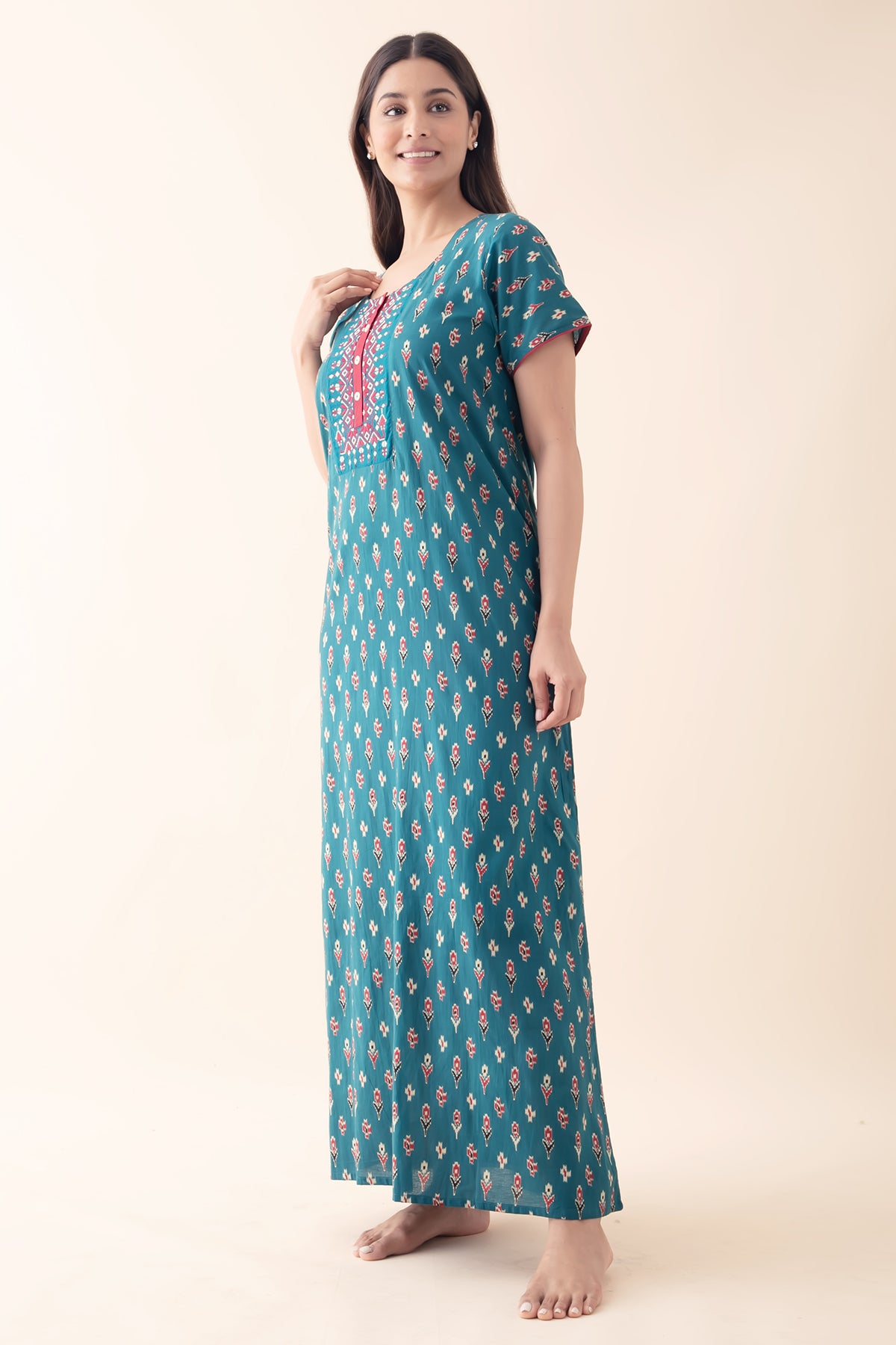 Geometric Floral Printed & Embroidered Nighty - Teal Blue