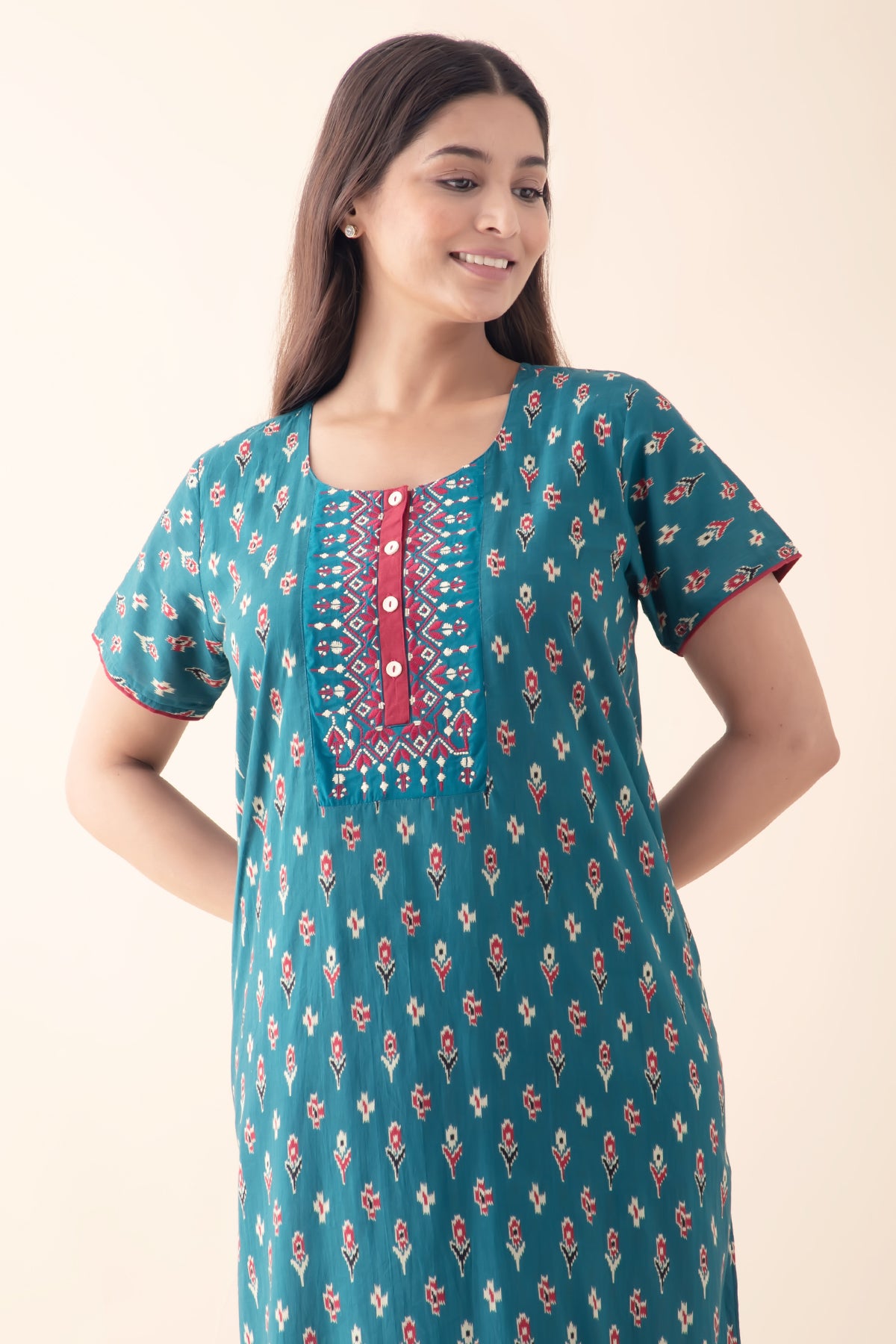 Geometric Floral Printed & Embroidered Nighty - Teal Blue