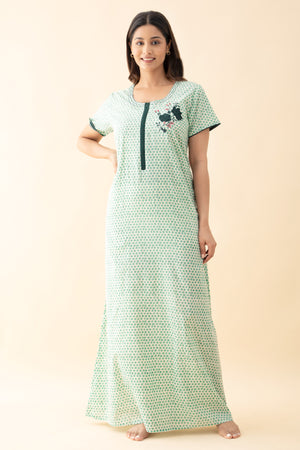 Floral Embroidered Polka Printed Nighty - Green
