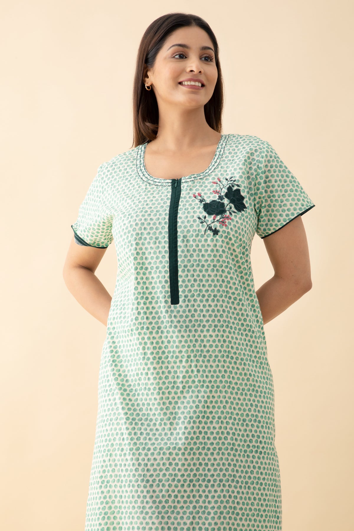 Floral Embroidered Polka Printed Nighty - Green
