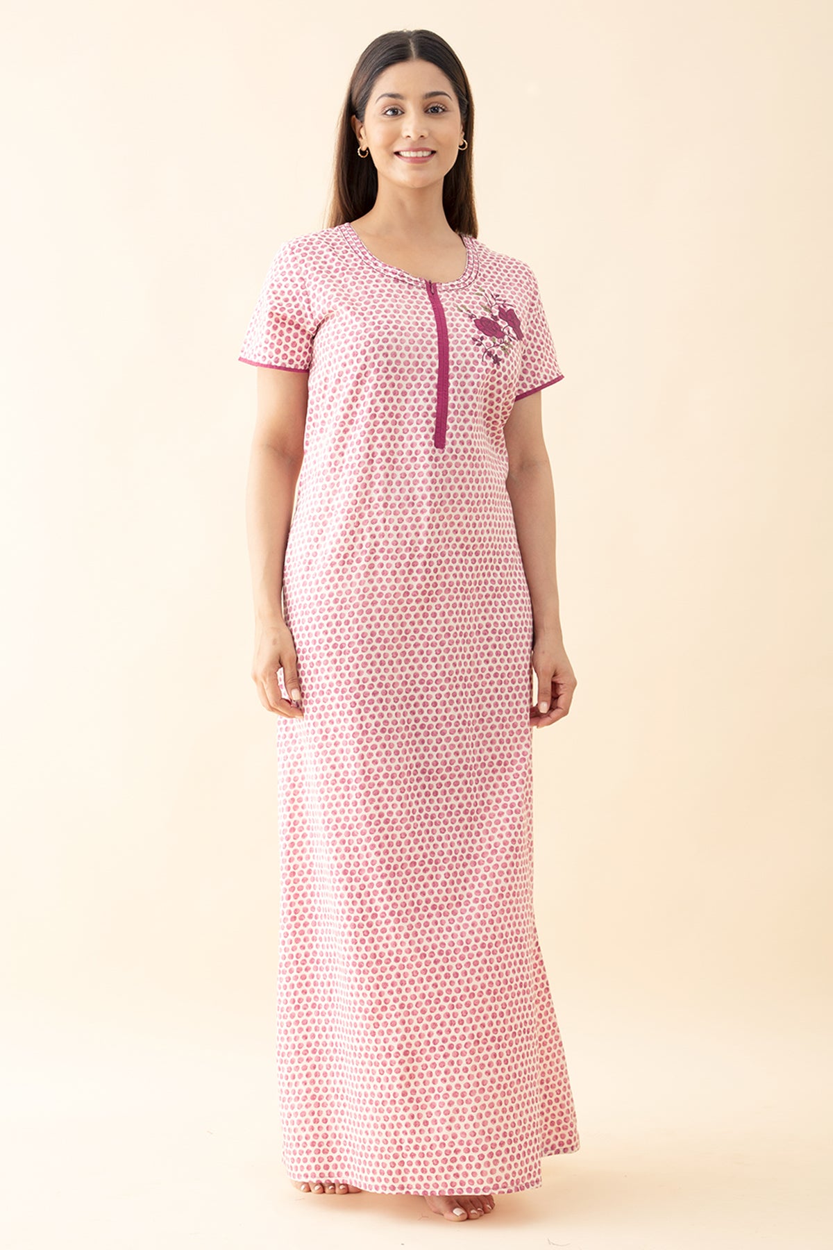 Floral Embroidered Polka Printed Nighty - Pink
