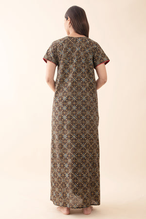 Floral Mosaic Printed Nighty - Brown